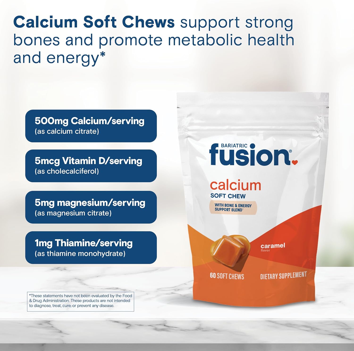 Bariatric Fusion Bariatric Calcium Supplement Chews | Calcium Citrate With Vitamin D3 Bariatric Vitamin | Sugar Free Chewable | 500Mg | Strawberry | 60 Count : Health & Household