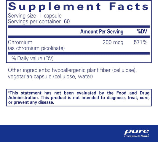 Pure Encapsulations Chromium (Picolinate) 200 Mcg | Hypoallergenic Supplement For Healthy Lipid And Carbohydrate Metabolism Support* | 60 Capsules