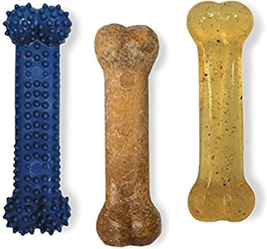 Nylabone Flexi Chew Moderate Dog Chew Toy Bones & Healthy Edibles Chew Treat Triple Pack, Chicken & Bacon, Small/Regular (3 Count)