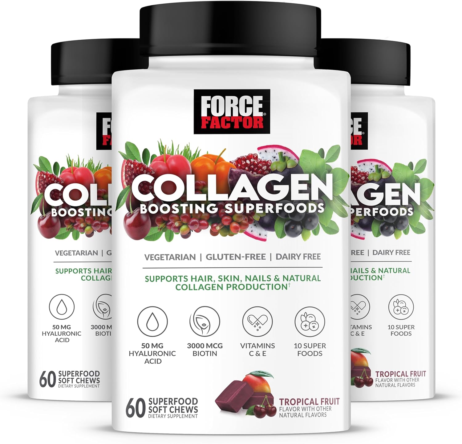 Force Factor Collagen Boosting Superfoods with Biotin, Hyaluronic Acid, Bamboo, and Hair, Skin, and Nails Vitamins, Nail and Skin Supplement, Tropical Fruit Flavor, 180 Soft Chews - 3 Pack