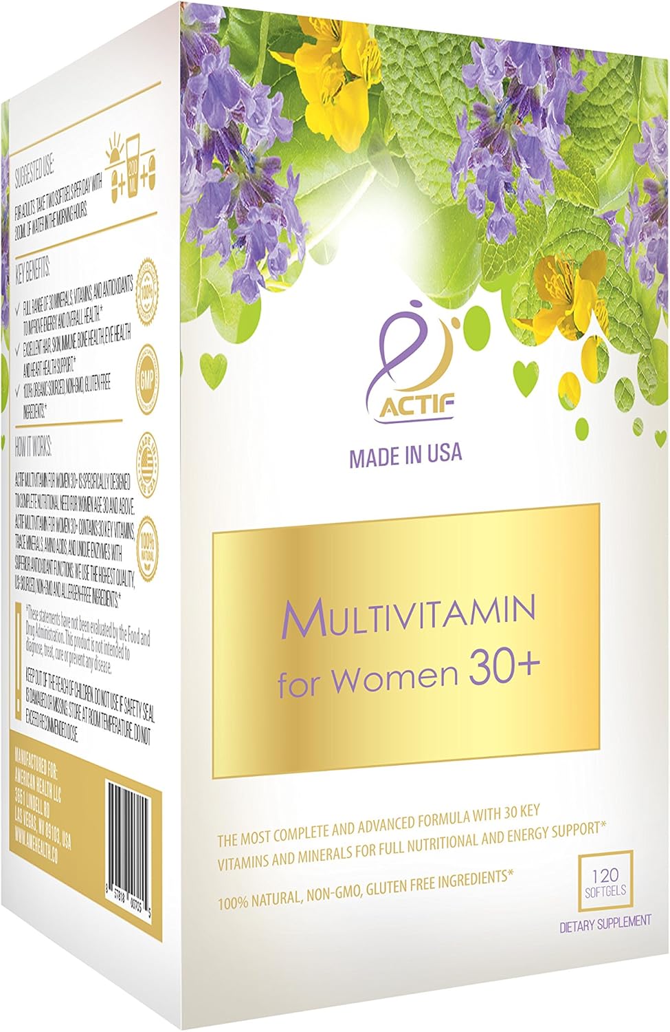 Actif Multivitamin For Women Age 30+ With 30 Organic Vitamins And Organic Herbs, Non-Gmo, Made In Usa, 2-Month Supply