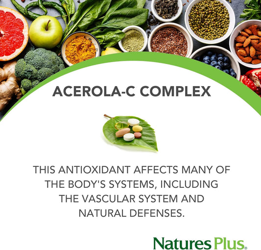 NaturesPlus Acerola-C Complex Chewable, 500 mg Vitamin C, 150 Vegetarian Tablets - Whole Fruit Supplement, Promotes Immune Support, Antioxidant - Gluten-Free - 150 Servings