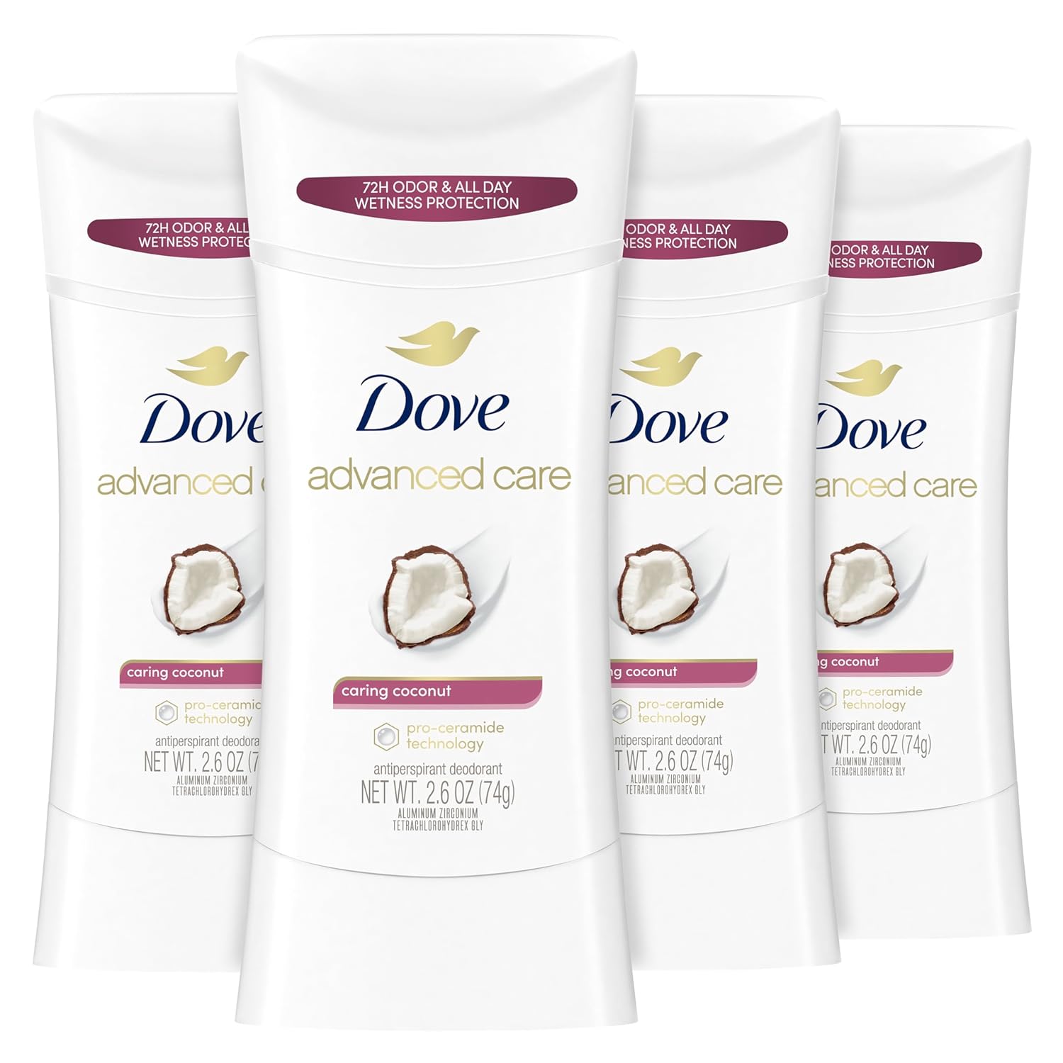 Dove Advanced Care Antiperspirant Deodorant Stick Caring Coconut 4 Ct For Helping Your Skin Barrier Repair After Shaving 72-Hour Odor Control And Sweat Protection With Pro-Ceramide Technology 2.6 Oz