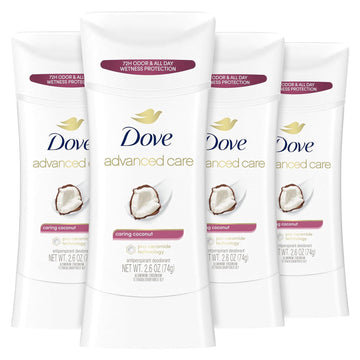 Dove Advanced Care Antiperspirant Deodorant Stick Caring Coconut 4 Ct For Helping Your Skin Barrier Repair After Shaving 72-Hour Odor Control And Sweat Protection With Pro-Ceramide Technology 2.6 Oz