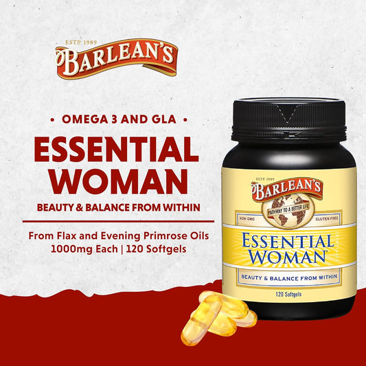 Barlean's Essential Woman Capsules, Hormonal Balance Supplement for Women, Flaxseed, Evening Primrose Oil & Soy Isoflavones, Omega 3 6 9 and GLA for Healthy Hair and Skin, 120 Count