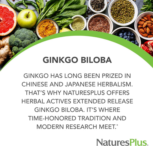 NaturesPlus Herbal Actives Ginkgo Biloba, Extended Release - 120 mg, 60 Vegan Tablets - Vegetarian, Gluten-Free - 60 Servings