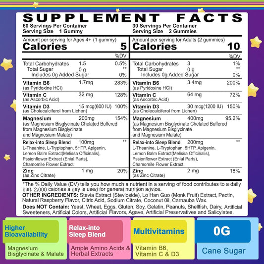 Magnesium Glycinate Gummies For Adults & Kids 4+, Sugar Free Magnesium Bisglycinate Supplement 400/200Mg With B6D3, 5Htp, L-Theanine For Sleep & Relaxation, Brain, Muscle, Melatonin Free Gummies,1Pack