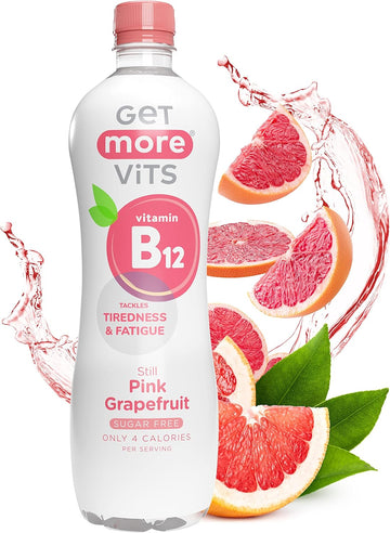 Get More Vits Flavoured Water - Vegan, Low Calorie, & Sugar Free Spring Water With Of Vitamin B12 - Pink Grapefruit Flavoured Adults & Kids Drinks - 1 Litre Spring Water Bottle Multipack, Pack Of 12