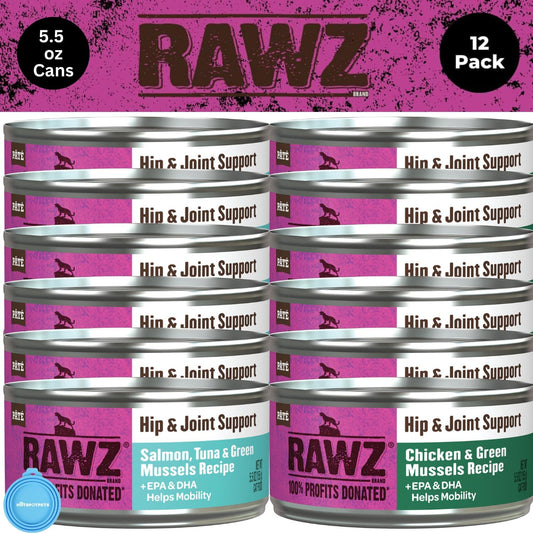 Rawz Natural Premium Pate Canned Food For Cats + Epa,Dha For Hip & Joint Support -12 Pack Cans Variety Flavor Bundle Pack -2 Flavors - (Salmon, Chicken) With Hotspot Pets Can Lid - (5.5 Oz Cans)