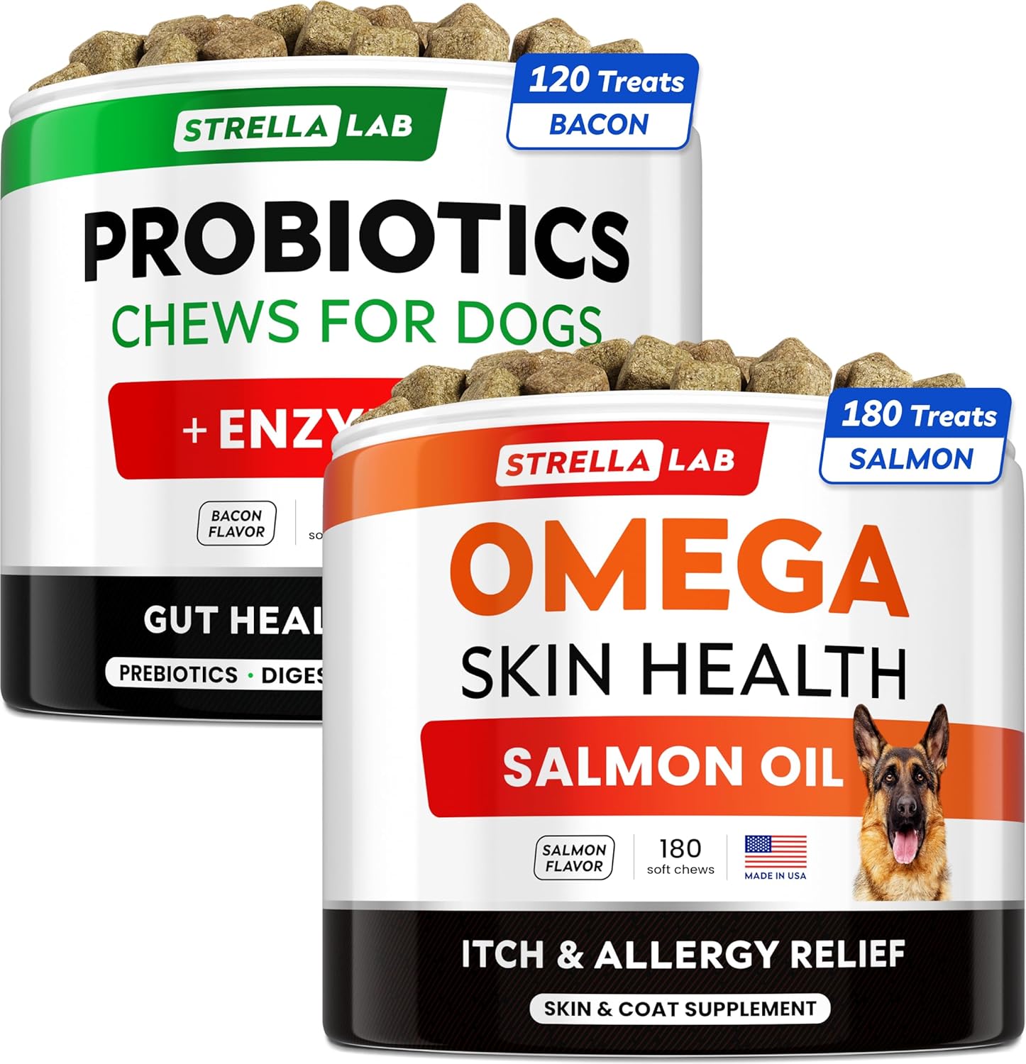 Omega 3 + Probiotics Bundle - Allergy&Itch Relief + Chewable Fiber Supplement - Digestive Enzymes + Prebiotics - Hot Spots Treatment, Anti Itch + Allergy, Diarrhea, Constipation - 300 Ct - Made In Usa