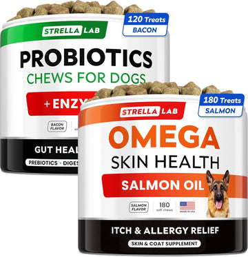 Omega 3 + Probiotics Bundle - Allergy&Itch Relief + Chewable Fiber Supplement - Digestive Enzymes + Prebiotics - Hot Spots Treatment, Anti Itch + Allergy, Diarrhea, Constipation - 300 Ct - Made In Usa