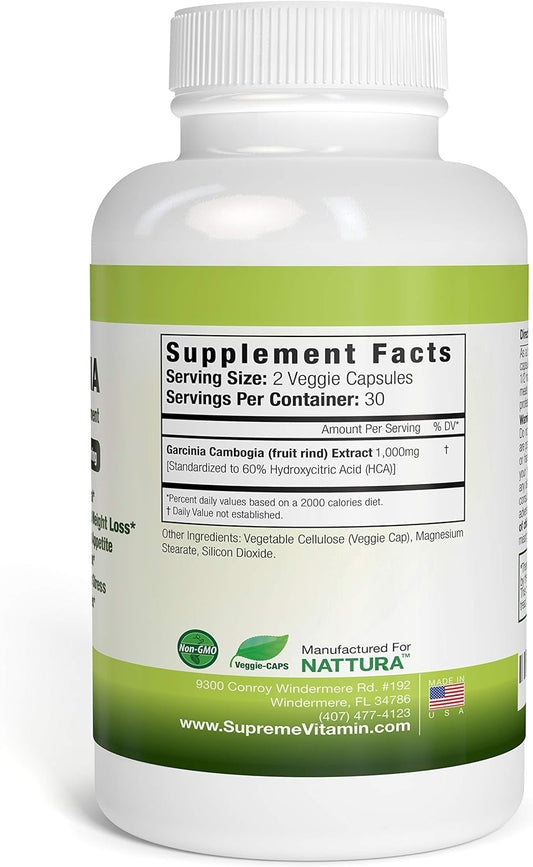 Nattura Pure Garcinia - All Natural, 100% Pure Garcinia Cambogia Formula, 1000mg Garcinia Extract Per Serving - 60 Capsules