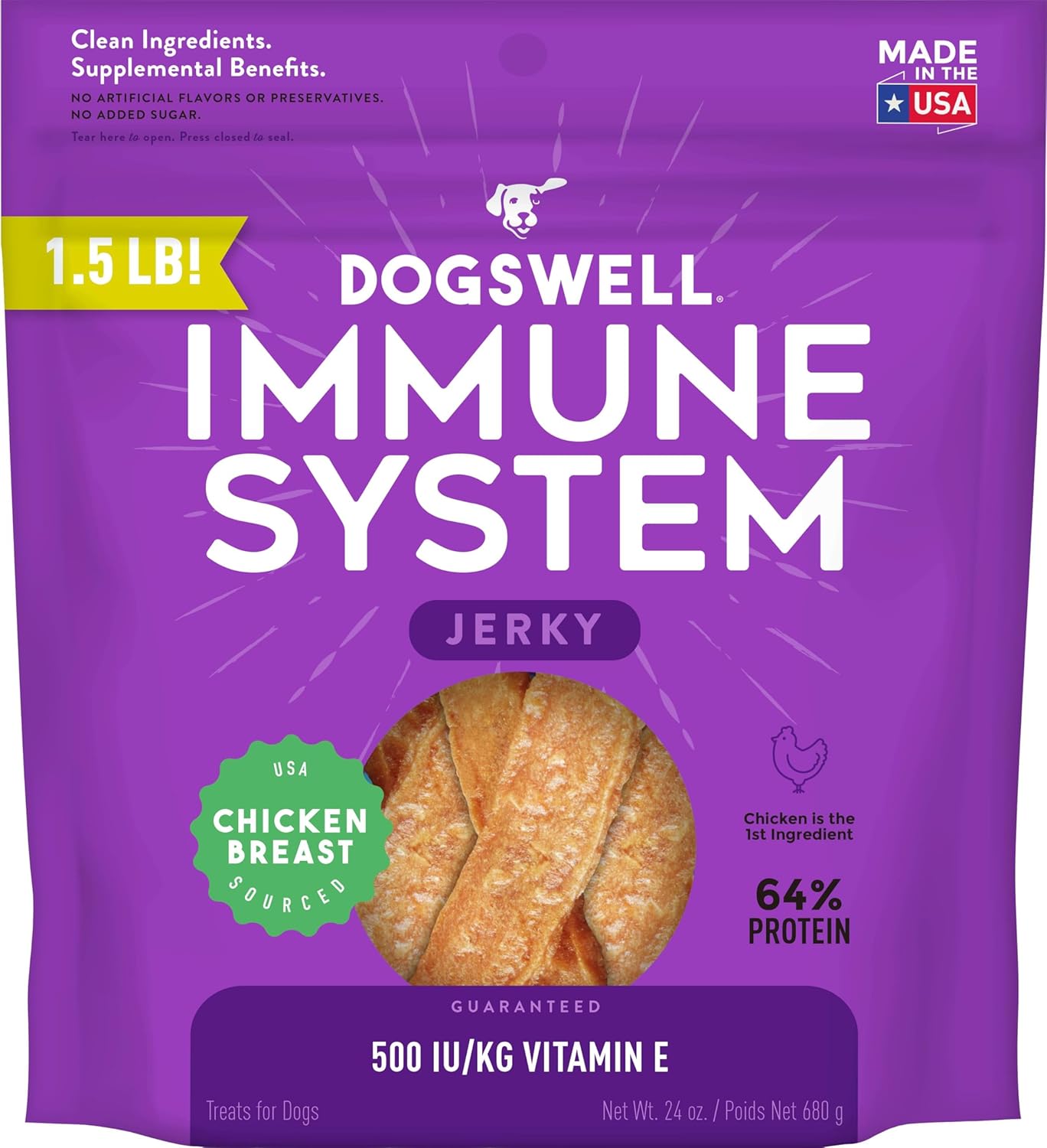 Dogswell Immunity & Defense, Flaxseed Oil, Turmeric, Vitamin E & A, Healthy Aging, Chicken Jerky 24 Oz (842197)