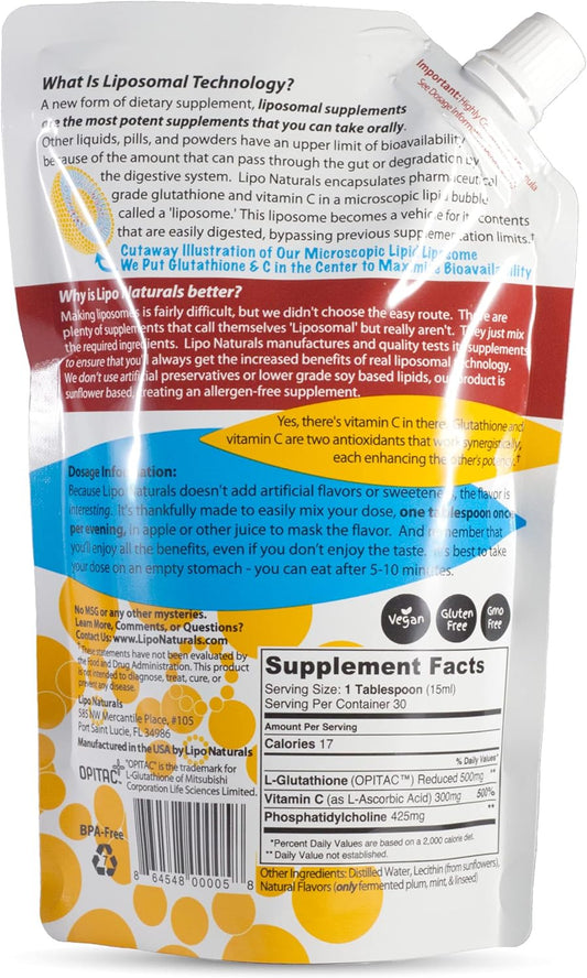 Lipo Naturals Liposomal Glutathione Complex Liquid (30 Doses) - Natural Formula Immunity + Liver Health + Anti-Aging Support with Vitamin C - Vegan, China-Free (15oz / 443ml)