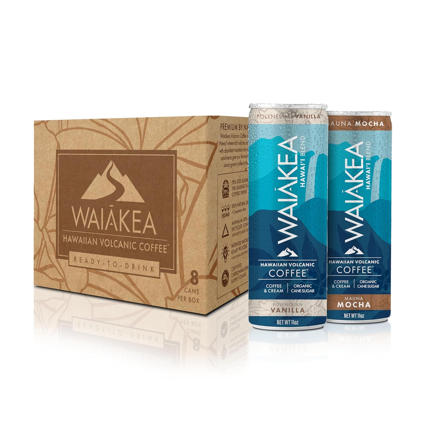 Waiakea Hawaiian Volcanic Coffee - Vanilla & Mocha Combo Pack - Ready To Drink Canned Coffee