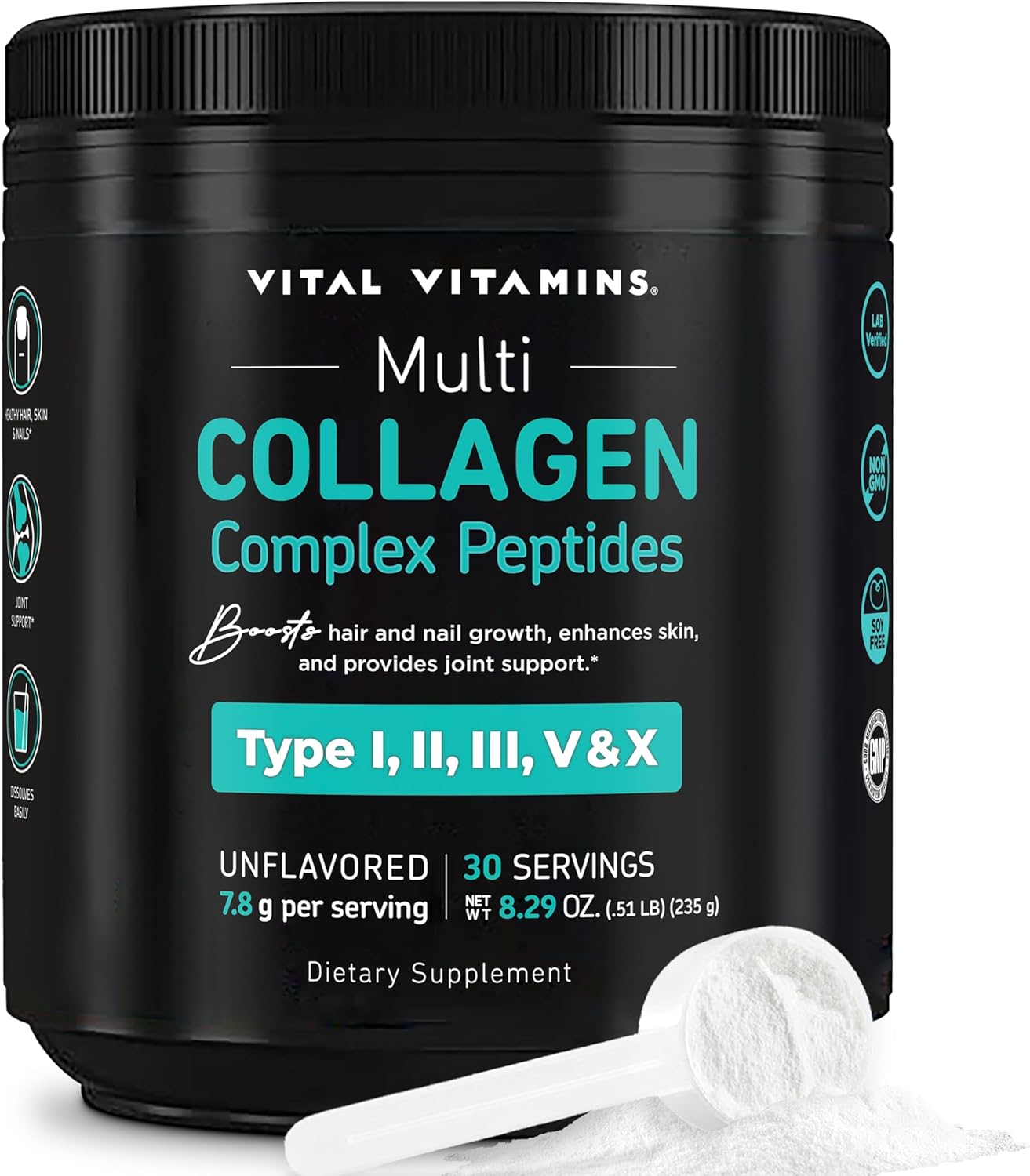 Vital Vitamins Multi Collagen Peptides Powder - Unflavored, Easy To Dissolve - Type I, Ii, Iii, V, X - For Women & Men - Promotes Hair, Skin, Nails, & Joint Health - 30 Servings
