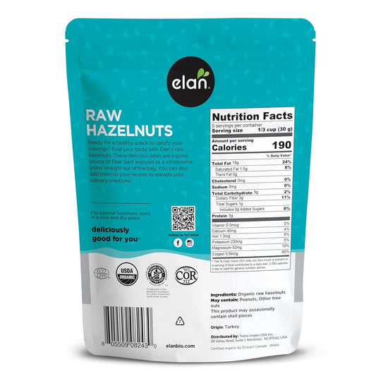 Elan Organic Raw Hazelnuts, 5.8 Oz, Unsalted, Unroasted, Shelled Raw Nuts, With Skins, Healthy Snacks, Non-Gmo, Vegan, Gluten-Free, Kosher, Filberts