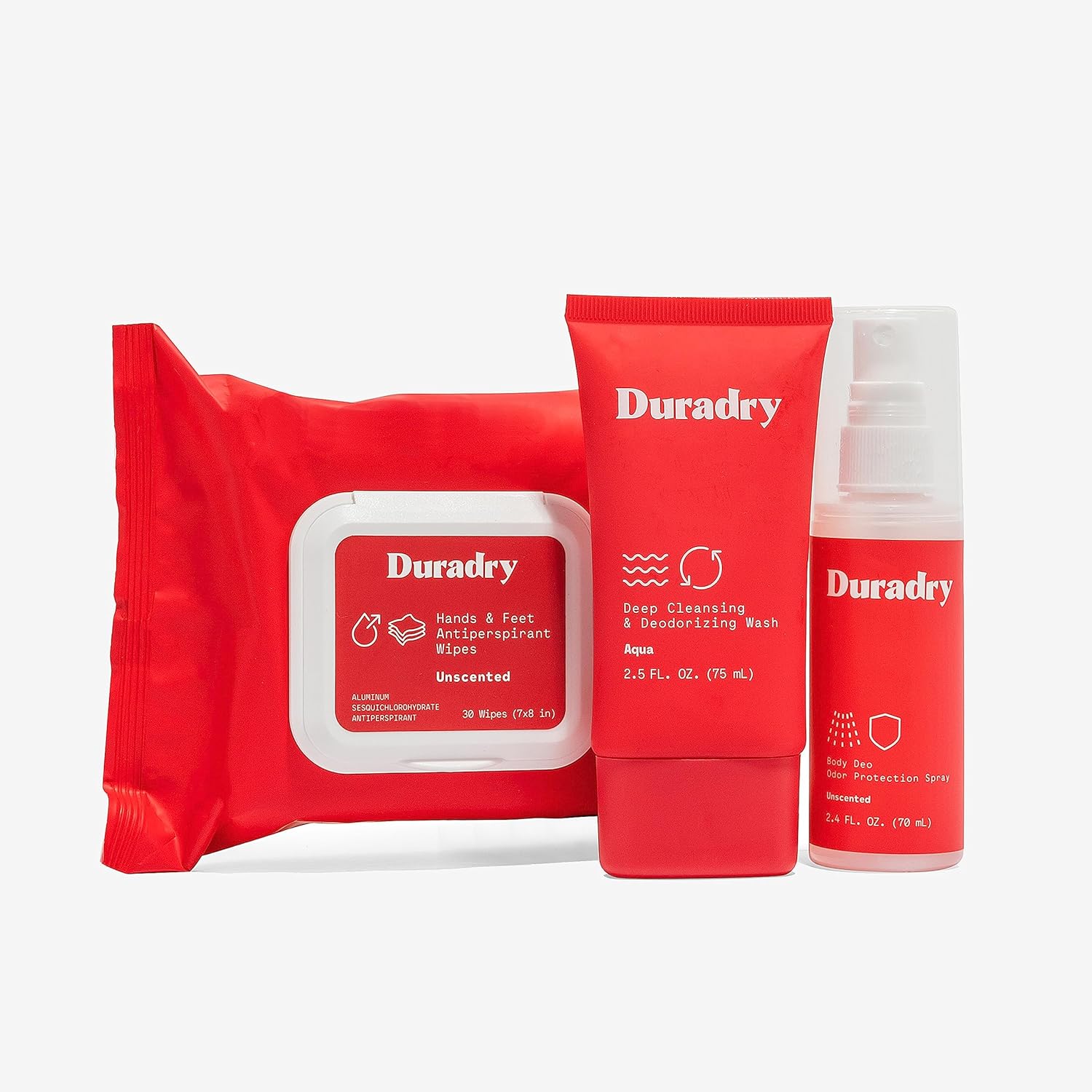 Duradry Feet System - Stops Sweaty Feet, Helps Control Foot Odor & Sweat, Infused with Vitamins and Minerals, Dermatologist Recommended - Body Wash, Antiperspirant Wipes, Body Deodorant Spray