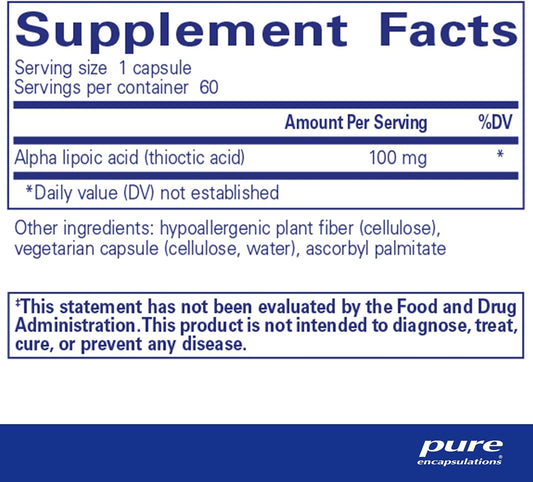 Pure Encapsulations Alpha Lipoic Acid 100 Mg | Ala Supplement For Liver Support, Antioxidants, Nerve And Cardiovascular Health, Free Radicals, And Carbohydrate Support* | 60 Capsules