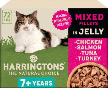 Harringtons Complete Wet Pouch Grain Free Hypoallergenic Senior Cat Food Mixed in Jelly Pack 72x85g - Chicken, Salmon, Tuna & Turkey - Making Mealtimes Meatier?HARRWCATSEN-CMIX