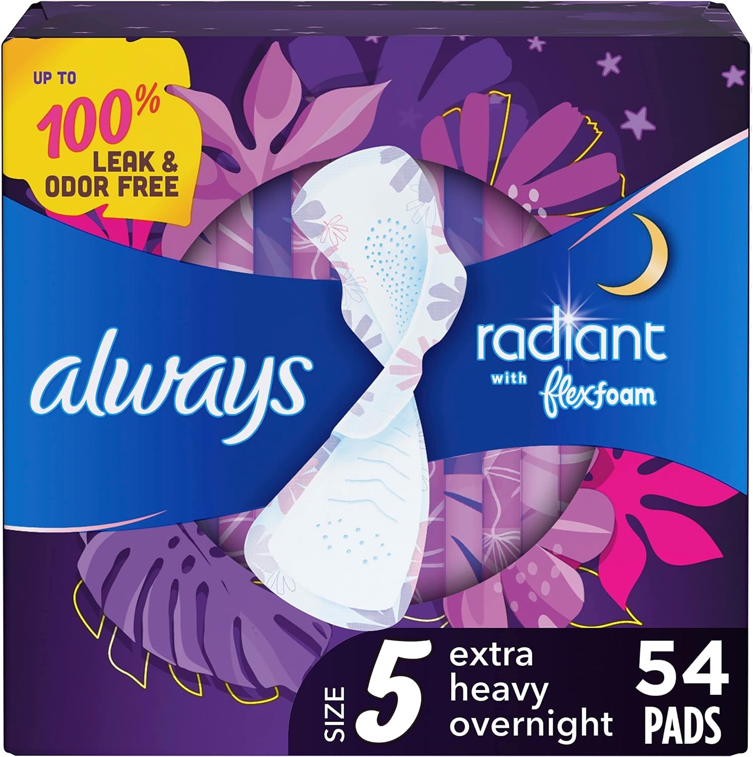 Always Radiant Overnight Feminine Pads For Women, Size 5 Extra Heavy Nighttime, With Wings, Scented, 54 Ct