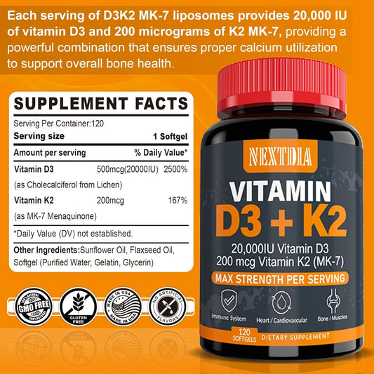 Vitamin D3 20,000 IU + K2( MK7 ) 200mcg - Optimal Vitamin D3 & K2-Support Strong Bones & Muscle, Calcium Absorption, Teeth & Immune Health, Helping Vitamin D Deficiencies, Easy to Swallow, (Pack of 2)