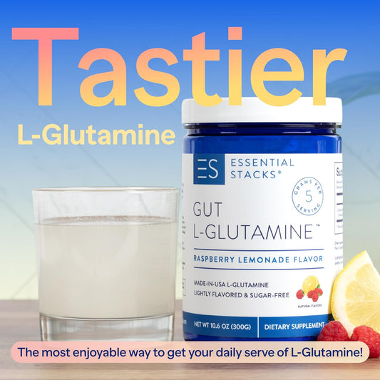 Essential Stacks Flavored Gut L-Glutamine Powder (Raspberry Lemonade) - Sugar Free & Gluten Free - Made With Organic Raspberry & Lemon Flavors (50 Servings)