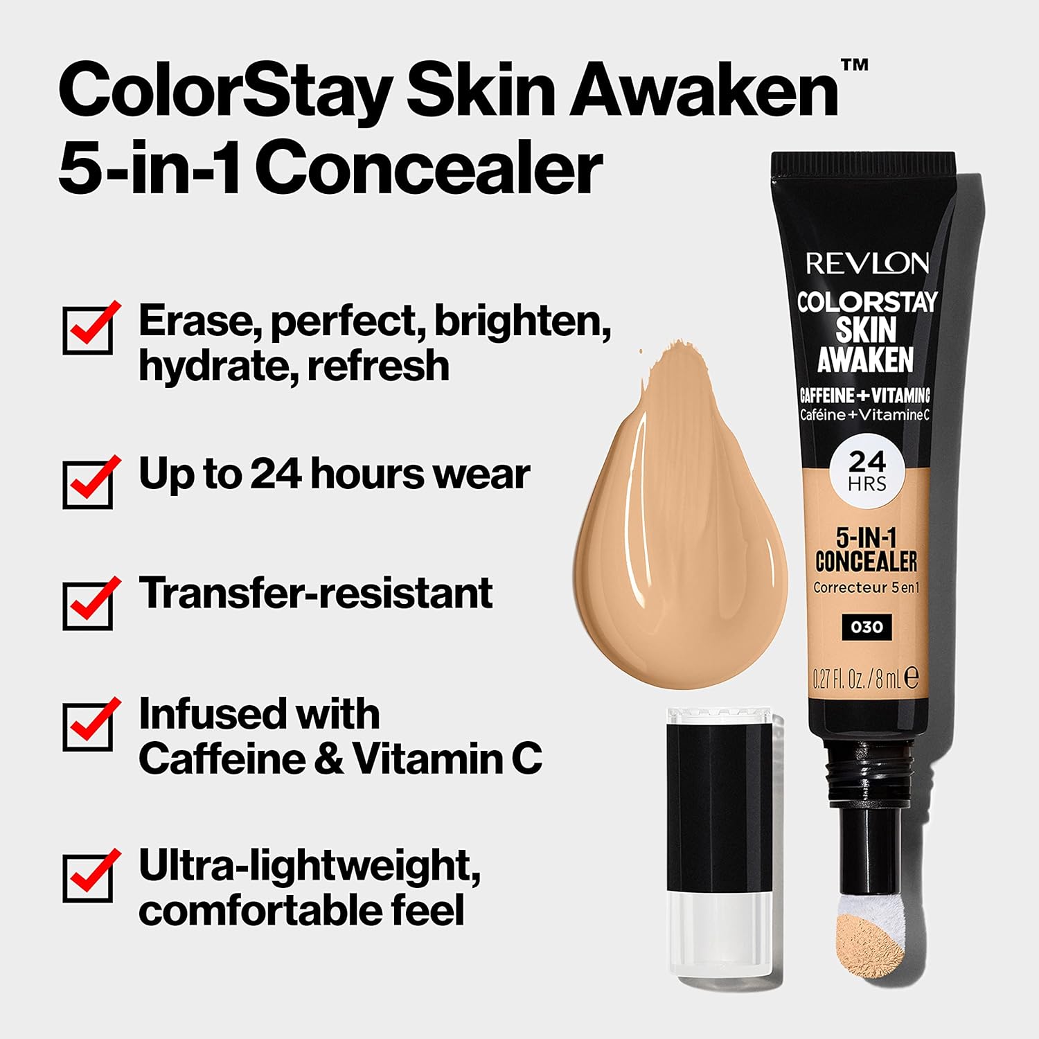 Revlon ColorStay Skin Awaken 5-in-1 Concealer, Lightweight, Creamy Longlasting Face Makeup with Caffeine & Vitamin C, For Imperfections, Dark Circles & Redness, 002 Universal Brightener, 0.27 fl oz : Beauty & Personal Care