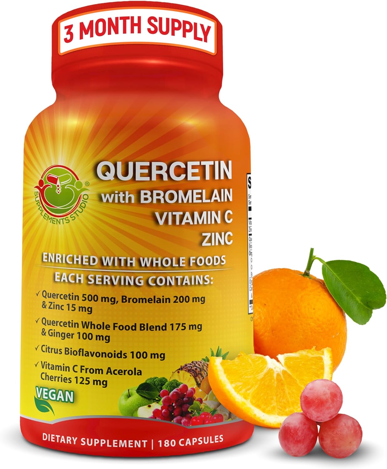 Quercetin with Bromelain Vitamin C and Zinc with Organic Whole Food Quercetin Blend - 1215mg per Serving - Phytosome Quercetin 500mg Capsules with Ginger and Flavonoids for Immune Support - 180 count