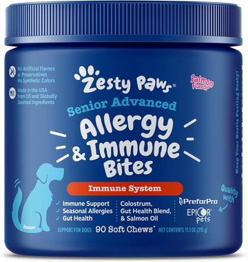 Zesty Paws Dog Allergy Relief - Anti Itch Supplement - Omega 3 Probiotics For Dogs - Digestive Health - Soft Chews For Skin & Seasonal Allergies - With Epicor Pets - Senior - Salmon - 90 Count