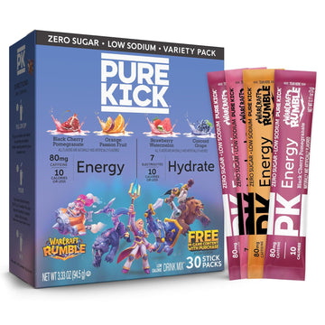 Pure Kick X Warcraft Rumble Limited Edition Energy & Hydration Singles To Go Drink Mix - Variety Pack - Black Cherry Pomegranate, Orange Passion Fruit, Strawberry Watermelon, Concord Grape – 30 Total Packets