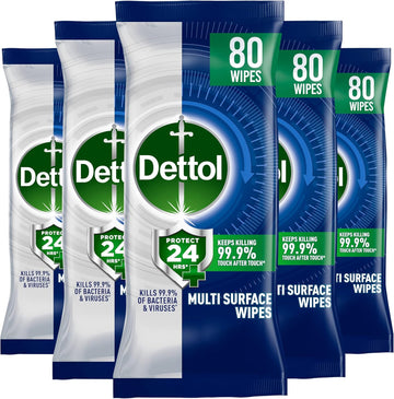 Dettol Protect 24 Multipurpose Antibacterial Wipes, 5 Pack Of 80, Total 400, Long-Lasting Germ Protection, Ideal For Home, Office, Travel, First Aid Bag Essential