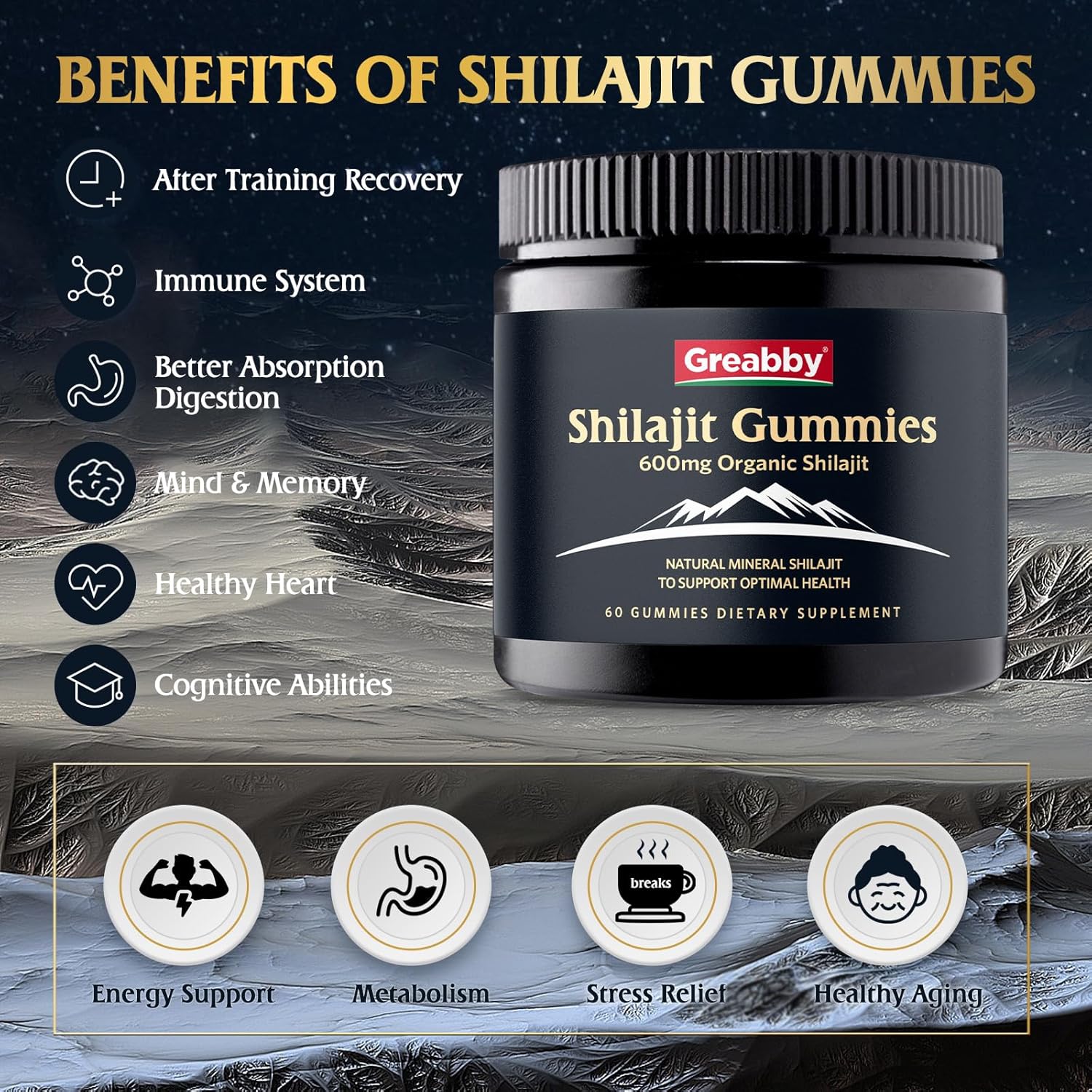 GREABBY Shilajit Gummies for Men, Chewable Shilajit Supplement 600mg with 85+ Trace Minerals, Fulvic Acid, Organic Himalayan Shilajit, Energy & Immune Support, 60 Count : Health & Household