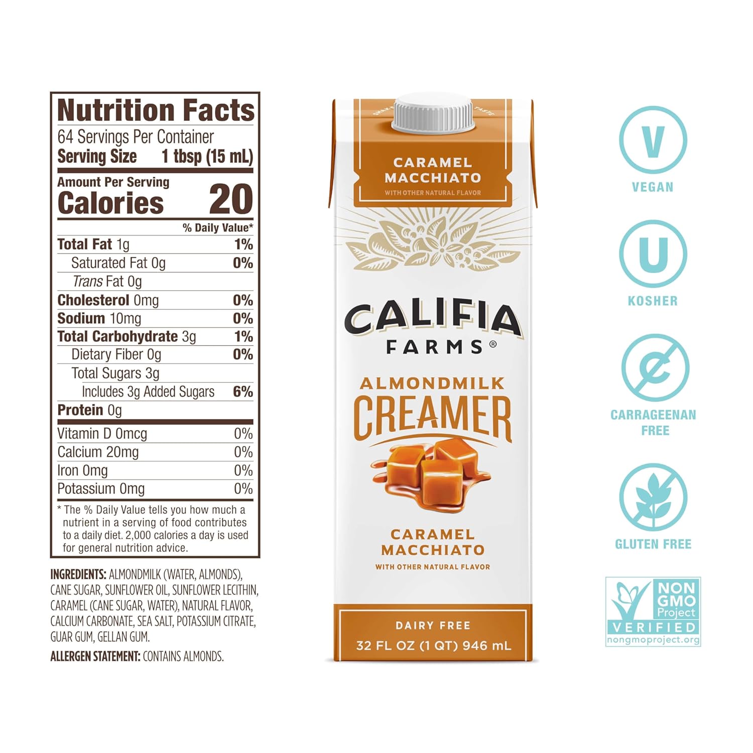 Califia Farms - Caramel Macchiato Almond Milk Coffee Creamer, 32 Fl Oz (Pack Of 6), Shelf Stable, Dairy Free, Plant Based, Vegan, Gluten Free, Non Gmo, Almond Creamer