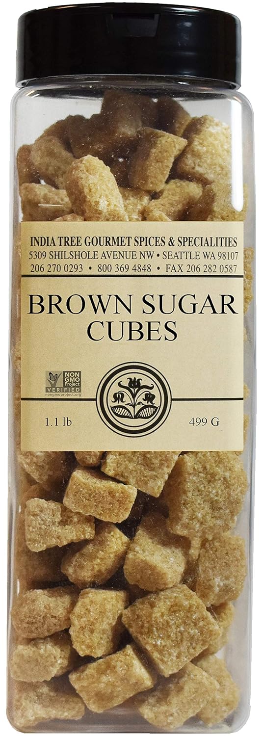 India Tree Brown Sugar Cubes, 1.1 Pound Jar, European Style Cane Sugar From Mauritius, Rough Cut Unrefined Brown Sugar