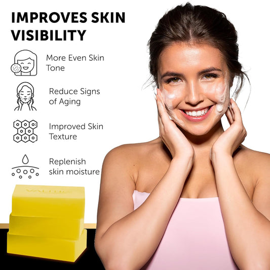 Valitic Brightening Lemon And Turmeric Kojic Acid Soap - Vitamin C, Retinol - Original Japanese Complex With Hyaluronic Acid, Vitamin E, Shea Butter, Castile Olive Oil - 3 Pack And African Net Sponge