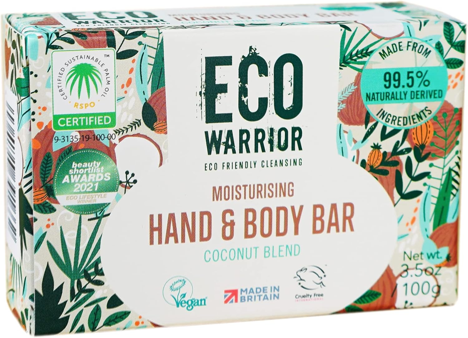 Eco Warrior Moisturising Body & Hand Soap Bar-Vegan, Cruelty Free, No Sls Or Parabens, Richly Nourishing Coconut Blend And Pure Essential Oils Including Vanilla-Natural, Eco Friendly Bar Of Soap, 100G