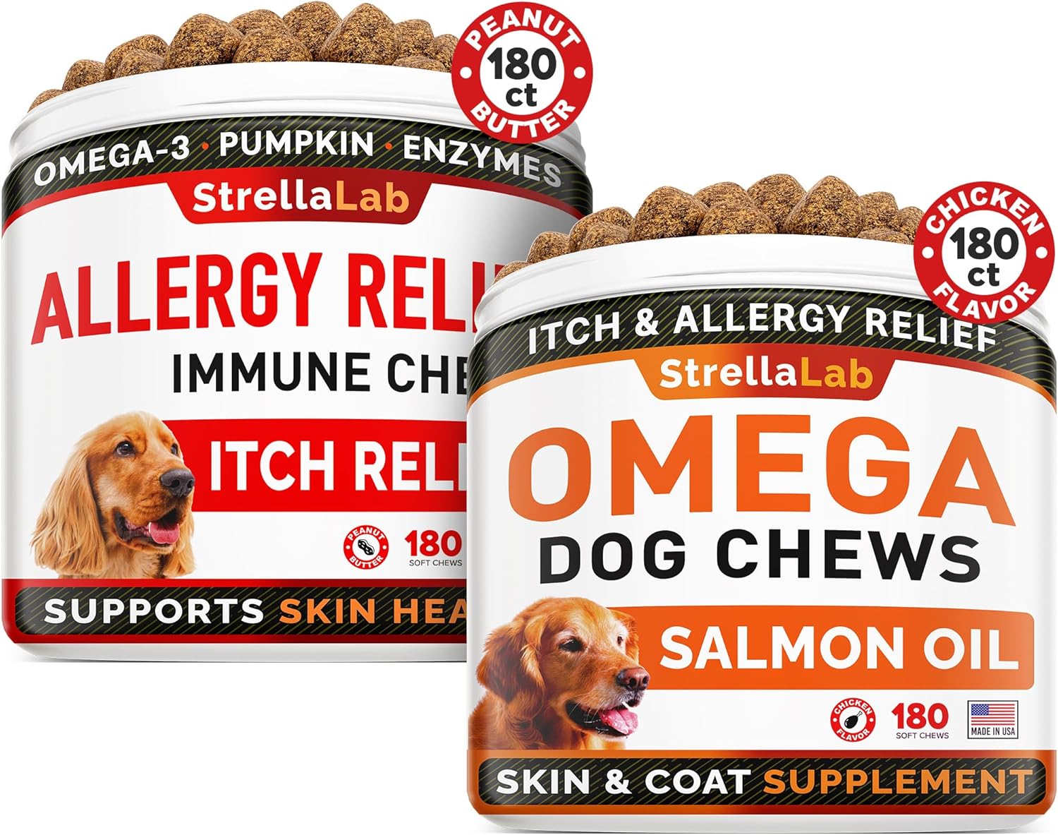 Fish Oil Omega 3 + Allergy Relief Bundle - Allergy And Itch Relief + Allergy Chews&Anti Itch Support Supplement - Epa&Dha Fatty Acids + Pumpkin - Shedding, Itchy Skin Relief - 360 Chews - Made In Usa