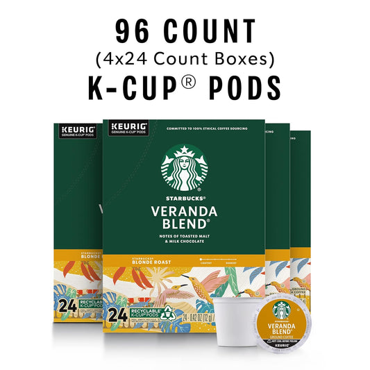 Starbucks K-Cup Coffee Pods, Starbucks Blonde Roast Coffee, Veranda Blend For Keurig Brewers, 100% Arabica, 4 Boxes (96 Pods Total)