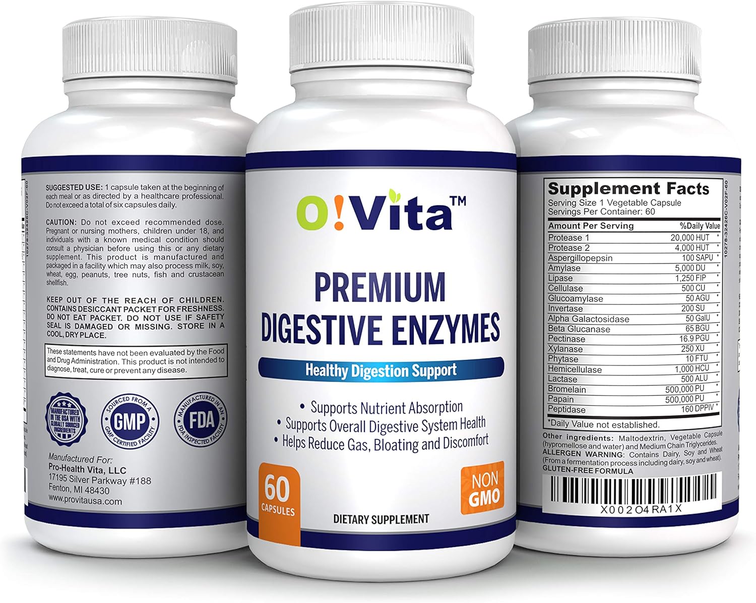 O!Vita Premium Digestive Enzymes with Plant-Based enzymes, Supports Better Digestion, Better Nutrient Absorption (60 Non-GMO Vegetable Capsules) : Health & Household