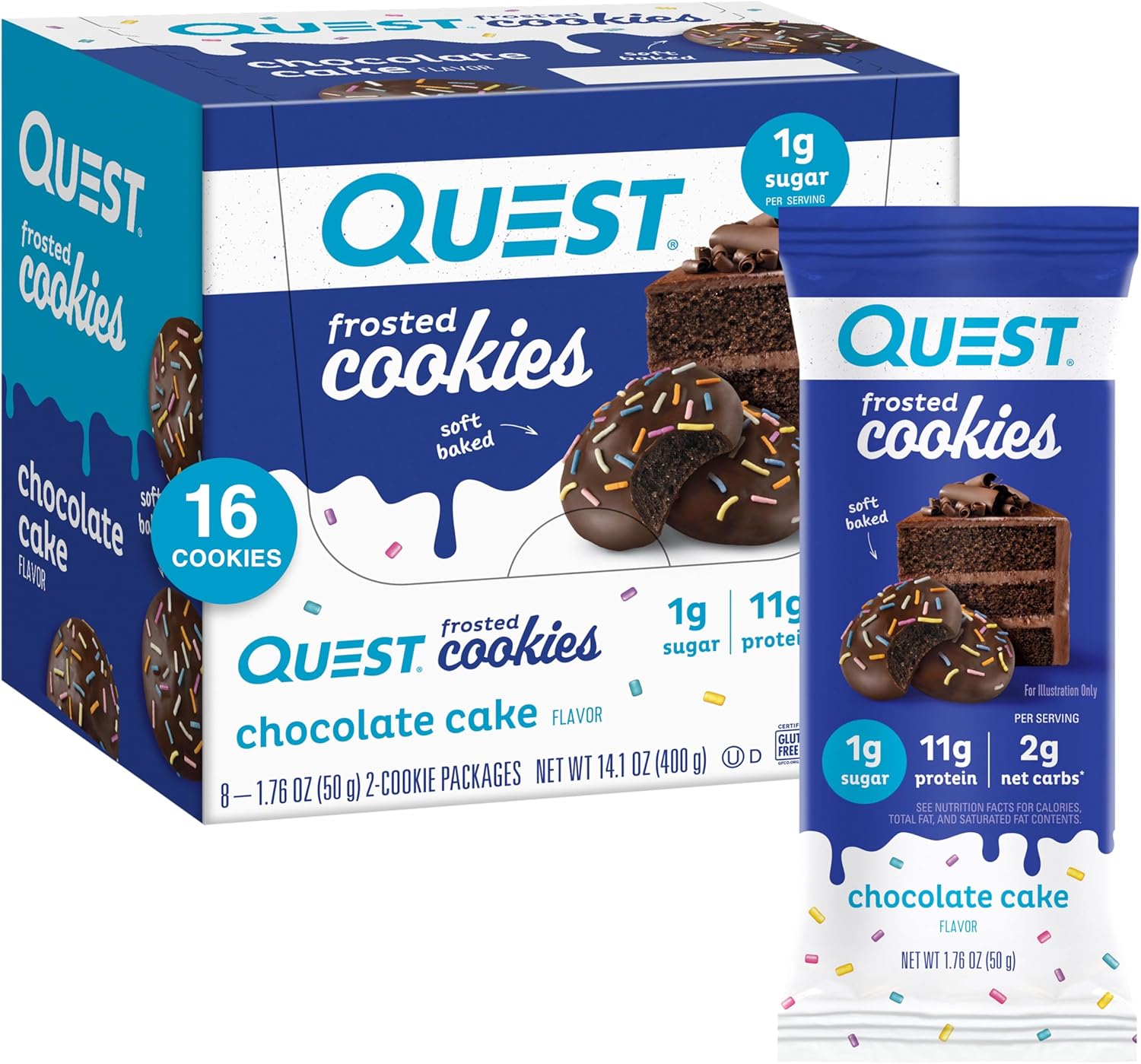 Quest Nutrition Frosted Cookies Twin Pack, Chocolate Cake, 1G Sugar, 11G Protein, 2G Net Carbs, Gluten Free, 16 Cookies