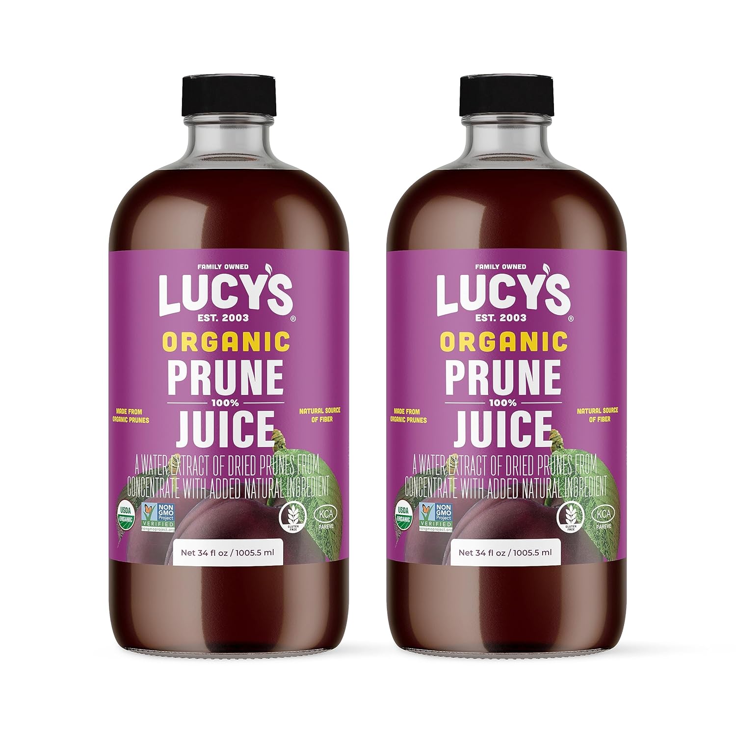 Lucy’S Family Owned - Organic Nongmo 100% Prune Juice, 34 Oz. Glass Bottle (Pack Of 2)