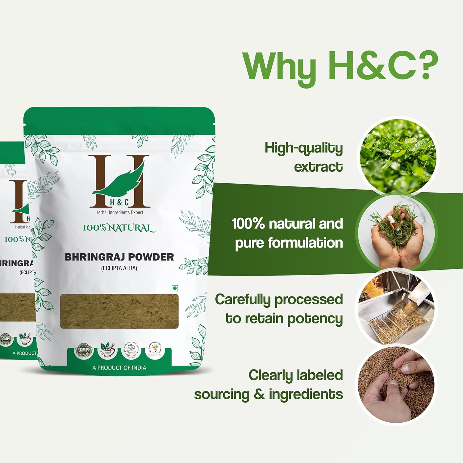 H&C- 100% Natural Bhringraj Powder For Hair (227G / 0.5 Lb/ 08 Oz) - Hair Growth Rejuvenator From Indian Ayurveda : Beauty & Personal Care
