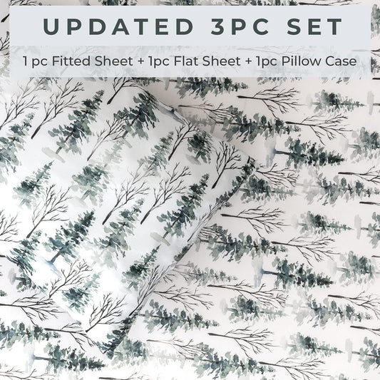 Pobi Baby - Premium Twin Fitted Sheet, Flat Sheet With Pillow Case - Ultra-Soft Cotton Blend, Stylish Woodland Pattern, Deep Pockets - Twins Sheets - 3 Pc (Woods)