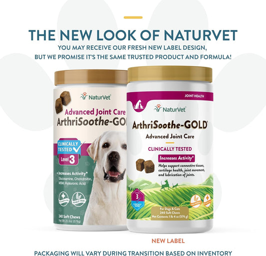 NaturVet Arthrisoothe Glucosamine for Dogs – Dog Supplement with Glucosamine, MSM, Chondroitin & Hyaluronic Acid – ArthriGold Level 3 – 240 Soft Chews