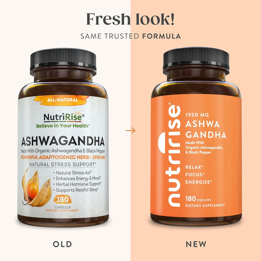 NutriRise Organic Ashwagandha Root Capsules with Black Pepper 1950mg, Natural Stress & Mood, Thyroid & Immune Support Supplement, Sleep Aid, Nootropic for Focus & Energy, Gluten Free, 180 Count