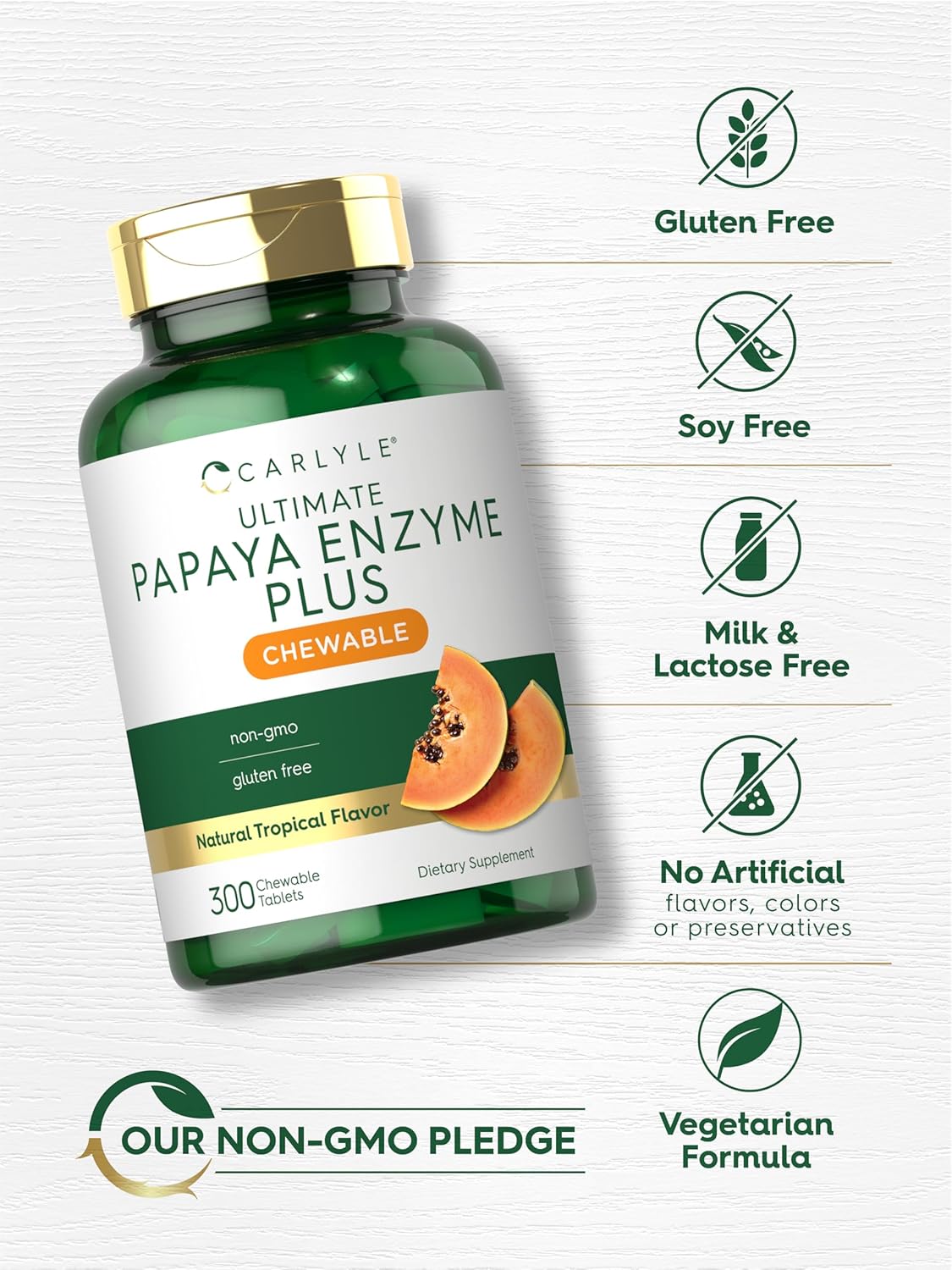 Carlyle Papaya Enzyme Chewable Tablets | Vegetarian, Non-Gmo, Gluten Free Formula | Tropical Flavor : Health & Household