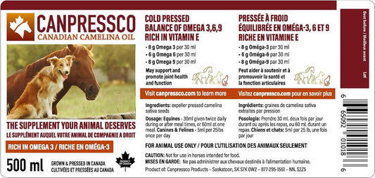 Camelina Oil 500 ml Bottle | Omega 3 Oil Supplement for Equine, Canine and Feline Joint, Coat and Skin Health