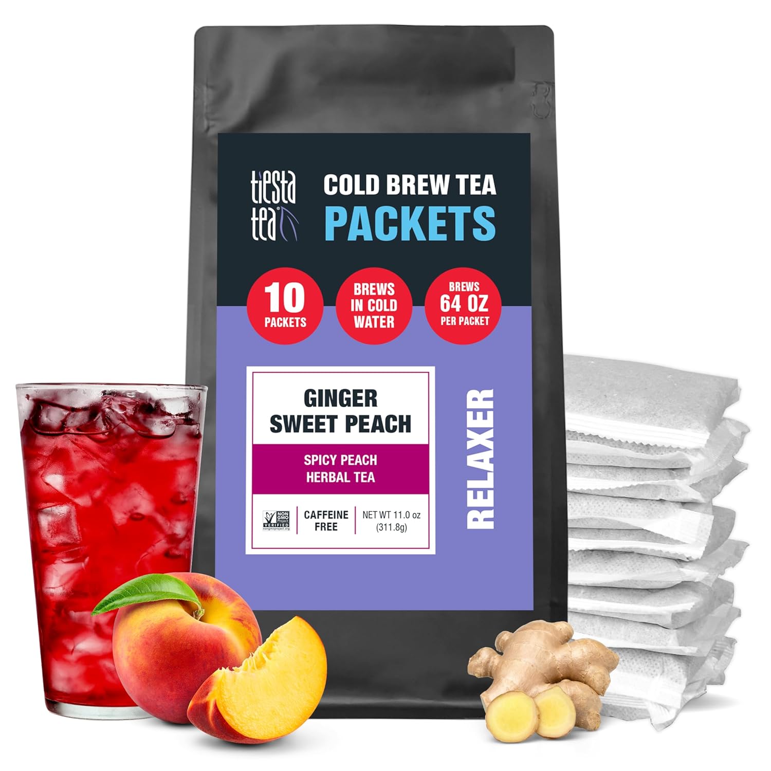 Tiesta Tea - Ginger Sweet Peach Cold Brew Tea | Spicy Peach Herbal Tea | Premium Loose Leaf Iced Tea Blends | Non Caffeinated Iced Tea | 10 Cold Brew Tea Bags - Brews 1 64Oz Pitcher Each