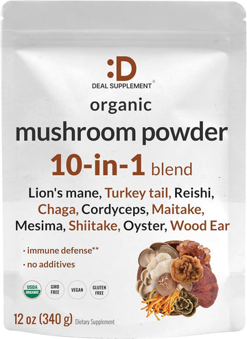 DEAL SUPPLEMENT Organic Mushroom Powder Supplement, 12oz ? 10 in 1 Active Blend ? Turkey Tail, Lions Mane, Cordyceps, Chaga, with More ? Supports Immune, Energy, & Brain Health ? Non-GMO, Vegan